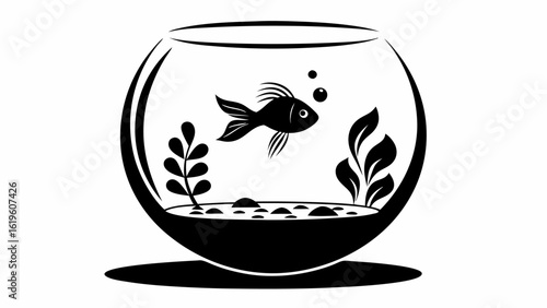 Illustration of a fish in a fishbowl with plants and bubbles in a black and white design style