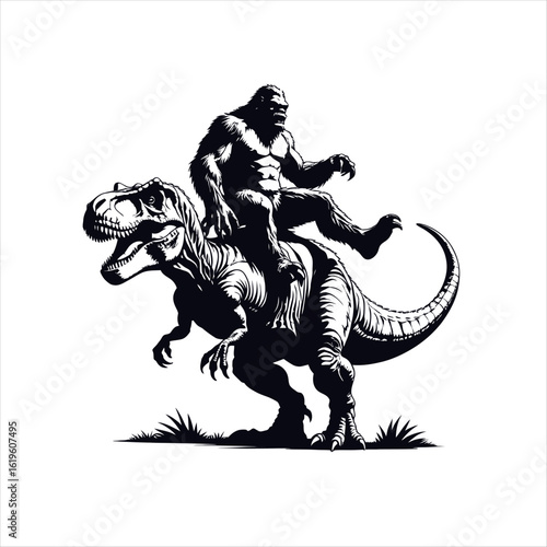 Bigfoot riding on a Dinosaur silhouette vector illustration