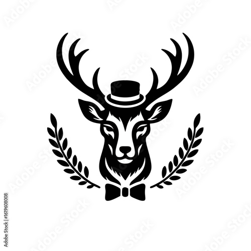 Elegant deer head illustration with a bowler hat, bow tie, and laurel wreath, presented in a minimalist black and white design.