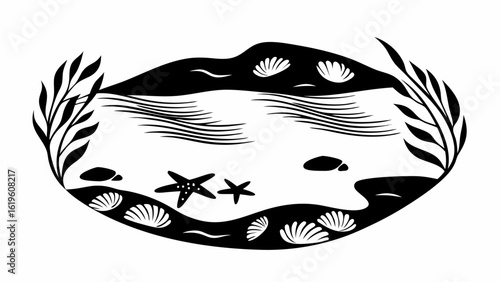 A monochrome scene of a beach with starfish, shells, and seaweed in an oval shaped frame design