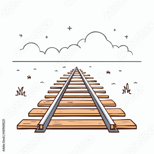 Train tracks disappearing into the distance under cloudy sky illustration