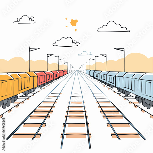 Rows of colored freight cars parked at railroad station train yard