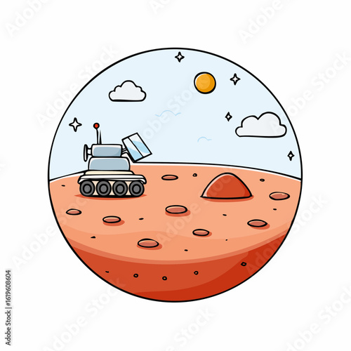 Rover explores and collects samples on the surface of Mars in daylight