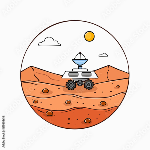 Mars rover exploring the surface of the red planet in a circular setting