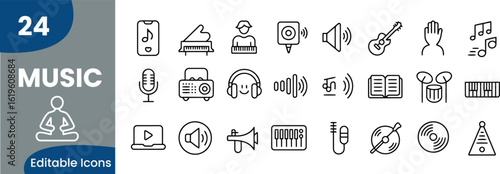 Collection of Music Related Editable Line Icons Musical Instruments and Audio Equipment f
