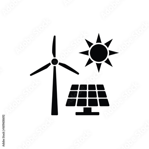 Renewable energy sources wind turbine solar panel and sun icon