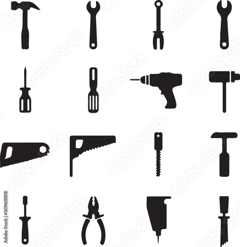 Hammer wrench drill saw pliers chisel tool collection
