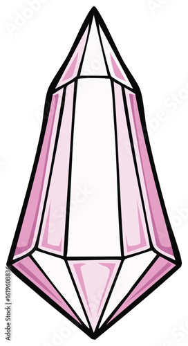 Elegant Pink Crystal Gemstone Faceted Geometric Shape with Black Outline Illustration