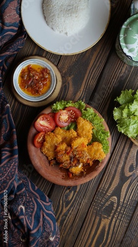 Chicken nugget with sambal, ayam geprek indonesian food crispy fried chicken with hot and spicy.