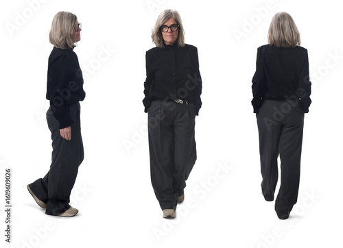 side,front and back view of  same woman walking  on white background