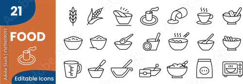Collection of Vector Food and Cooking Icons representing grain cereal bowls liquids
