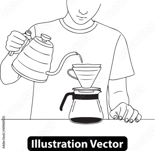 Minimalist line art of a barista brewing craft coffee with a pour-over dripper method.