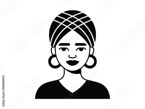 Stylized portrait of a woman wearing a turban and hoop earrings
