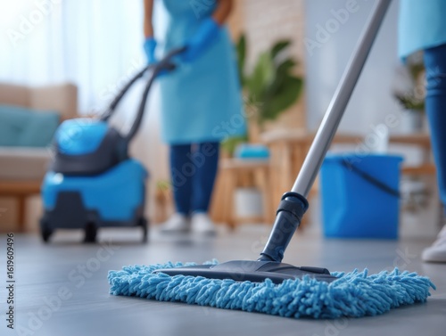 Wallpaper Mural Professional janitorial cleaning service with microfiber mop vacuuming floors in modern commercial office space Torontodigital.ca