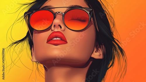 Close-up of a woman with red lips and orange sunglasses, against a yellow-orange background.
