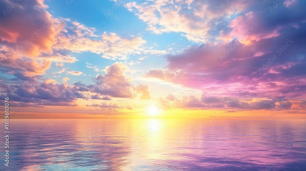Obraz premium Serene sunset over the ocean creating a beautiful silhouette against a colorful evening sky