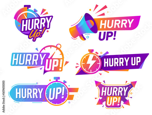Hurry up icons set, vector labels with stopwatch, megaphone and dynamic shapes in bold gradient colors, convey urgency, speed and energetic action in promotional, sale or marketing last minute offers