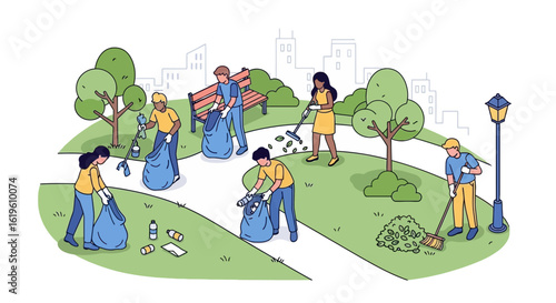 Diverse group of volunteers cleaning up a park, collecting litter and debris.