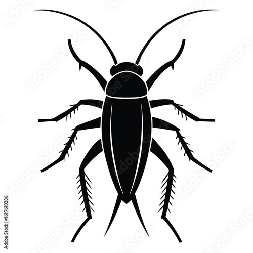 Black silhouette of a cockroach with detailed legs and antennae insect pest