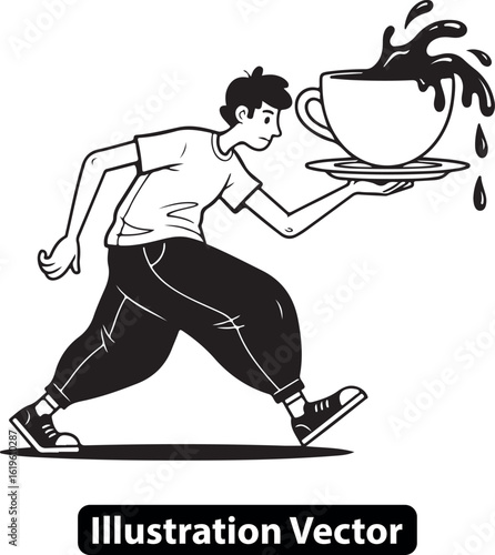 A cartoon vector of a clumsy man spilling a large coffee cup while walking carefully