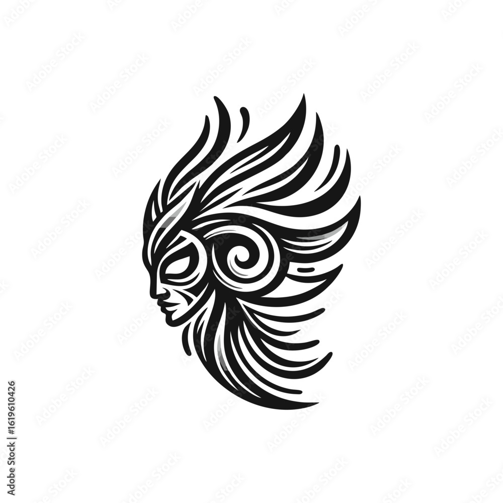 Naklejka premium Dancer tribal masks, flowing lines and dynamic shapes