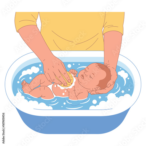 A heartwarming vector illustration of an adult gently bathing a baby in a tub with bubbles. Depicts tender care and a peaceful bath time routine.
