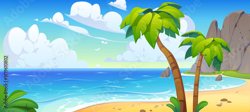 Tropical island bay and beach landscape with palm trees and blue ocean. Cartoon vector sunny lagoon with white clouds, coastal rocks, and calm sea waves. Summer exotic paradise seascape with sand