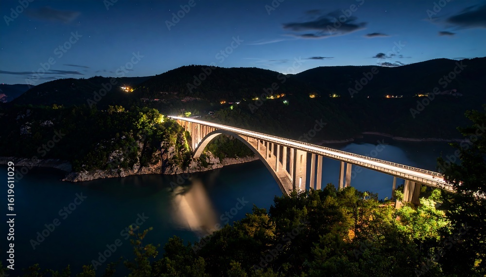 Obraz premium Illuminated bridge over a serene lake at twilight