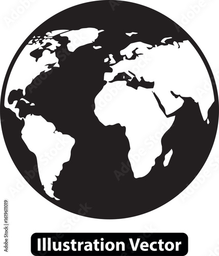 Minimalist world map globe icon. Black and white vector illustration of planet Earth.