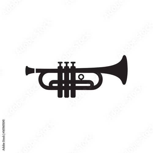 Black vector icon of a trumpet with three valves and a bell brass instrument