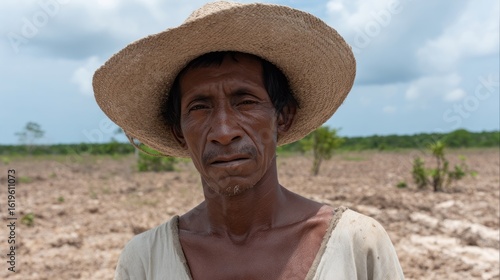 Sun-weathered mestizo man in straw hat stands in parched field, echoing Pachamama rituals and Inti Raymi celebrations