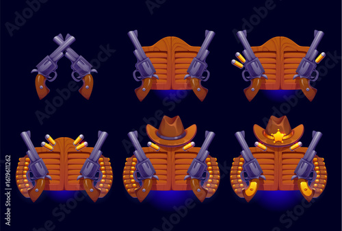 Western cowboy game rank badge, wild west award. Cartoon vector set featuring crossed revolvers, saloon doors, cowboy hats, bullets and sheriff stars, layered progressively with increasing details