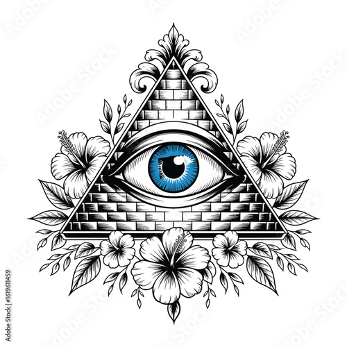 Intricate Black and White Illuminati Symbol with Blue Eye