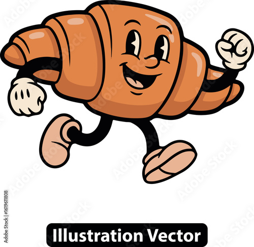 Vintage cartoon croissant character running with a happy smile. Funny food mascot vector.