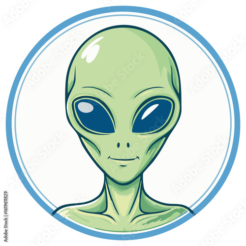 Stylized cartoon alien portrait with large dark eyes inside light blue circle on a white background depicting science fiction and space travel.