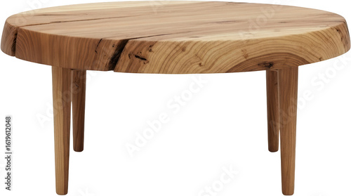 Rustic wooden round coffee table with live edge top and tapered legs isolate