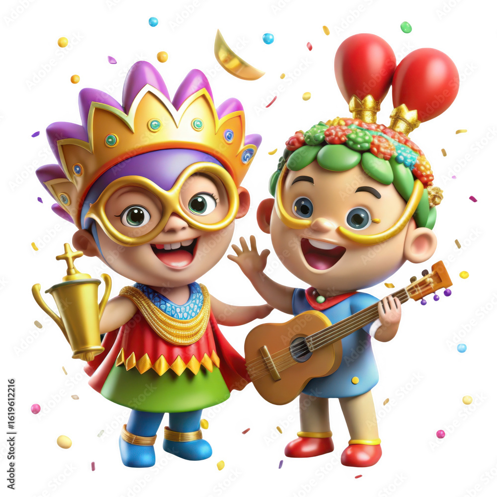 Naklejka premium 3d cartoon characters celebrating with musical instruments isolated on transparent background