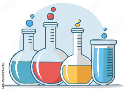 Colorful chemical liquids bubble in various laboratory flasks and graduated cylinder illustration