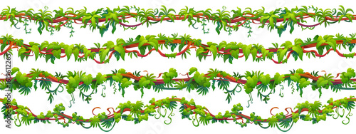 Jungle forest tropical liana seamless branch vines. Tropical rainforest flora fern twig isolated vector seamless underline or divider. Jungle forest climbing liana shrub, Amazon nature ivy borders