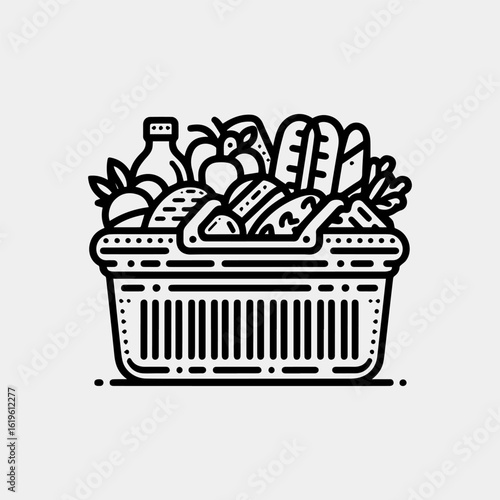 Stylized Grocery Basket Overflowing with Fresh Produce and Packaged Goods in Black and White.