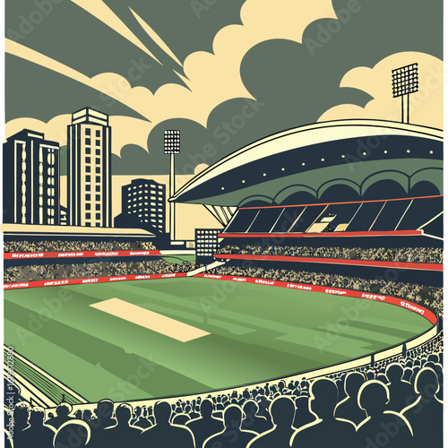  Cricket Stadium with Cityscape Background