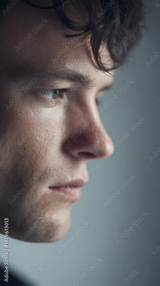 Fototapeta premium Pensive young Caucasian man gazes pensively, evoking introspective moments akin to the meditative reverie of Solstice reflections