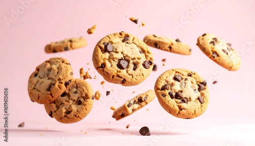 Chocolate chip cookies in mid-air against a pastel pink background