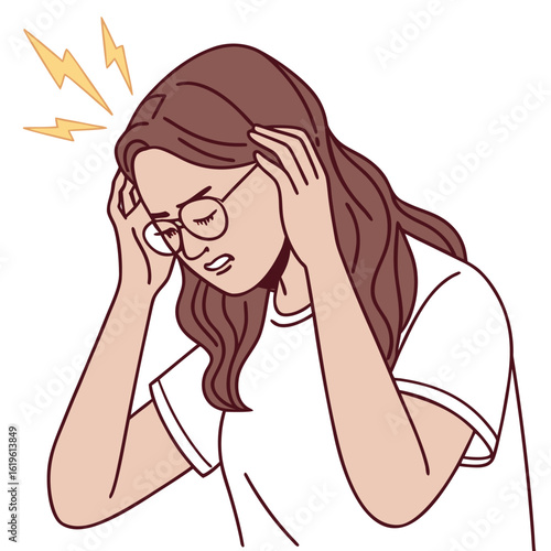 Young woman experiencing headache pain with lightning symbols glasses