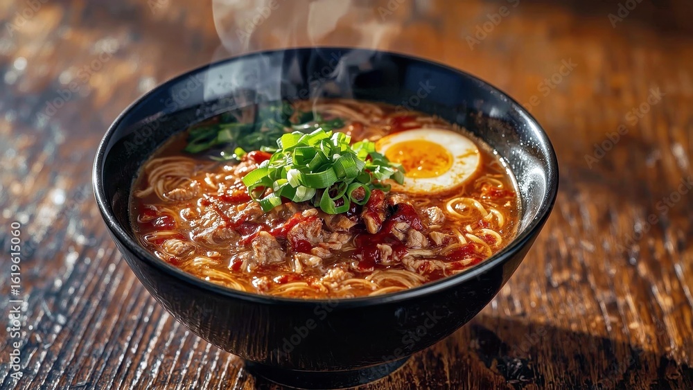 Tantanmen. Spicy ramen noodles bowl with boiled egg and green onions o Tantanmen. Spicy ramen noodles bowl with boiled egg and green onions o