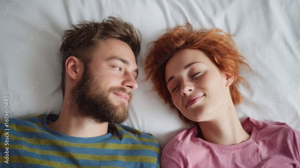 Two Caucasian lovers, resting on a gentle morning bedscape, embody cozy hygge vibes and Valentines Day serendipity Two Caucasian lovers, resting on a gentle morning bedscape, embody cozy hygge vibes and Valentines Day serendipity