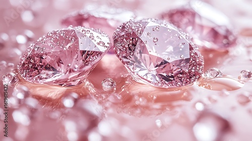 Delicate pink diamonds with water droplets.