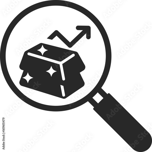 Magnifying glass searching for gold bar with upward arrow to represent value growth and investment analysis.