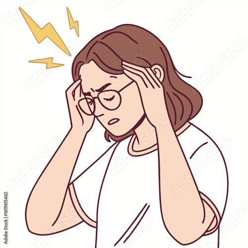 Young woman with brown hair and glasses holding head in pain illustration headache