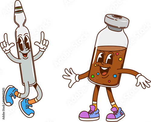 Groovy vaccine character, medicines ampoule and bottle cheerful personage. Healthcare medicines capsule vintage groovy characters. Flu or corona virus vaccine glass containers isolated retro mascots